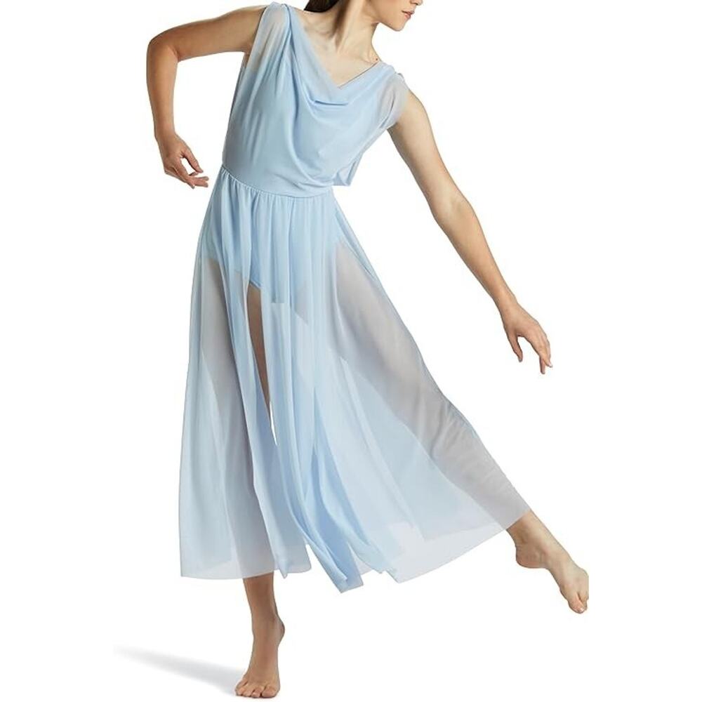 Balera Sz Medium Maxi Dress Double Cowl Stretch Mesh Overlay Dance lyrical - Picture 2 of 10